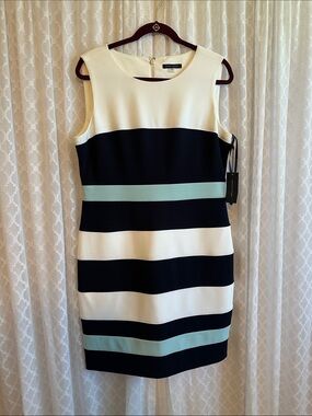 #889 Tommy Hilfiger Black, White & Light Blue Striped Sleeveless Sheath Dress